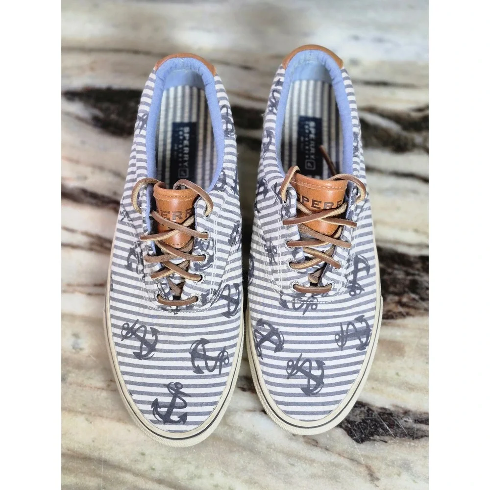 Sperry Top-Sider Bahama Mens 9M Blue White Striped Anchor Boat Shoe Sneakers
